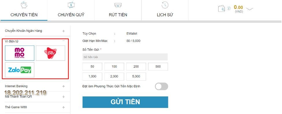 Nạp tiền W88 qua ví điện tử Momo, ZaloPay hoặc ViettelPay